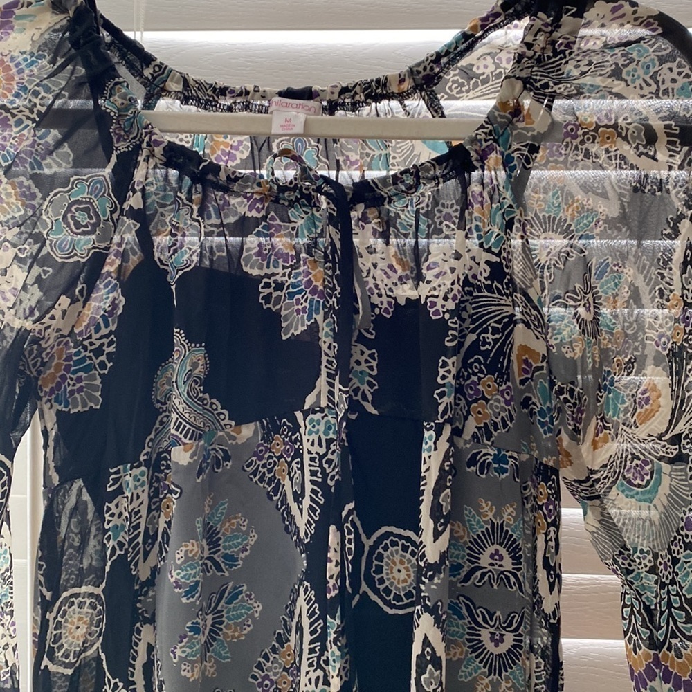 Xhilaration Black Multicolor Floral Sheer Peasant Dress